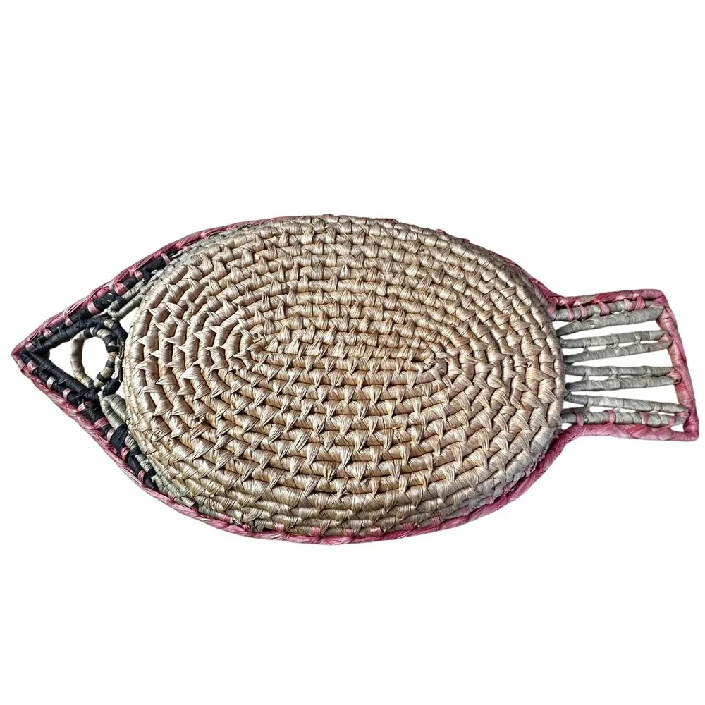 Vintage Woven Straw Fish Tray Pink Tan Black Coastal Boho Wall Decor 22 Inch